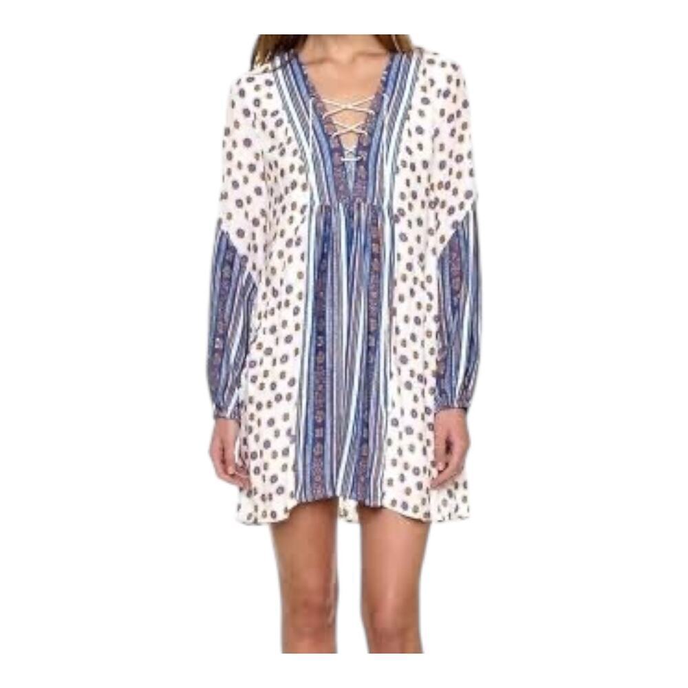 Free People Womens Ivory Blue Boho Pebble Rain Tunic Dress Size XS Pockets Short
